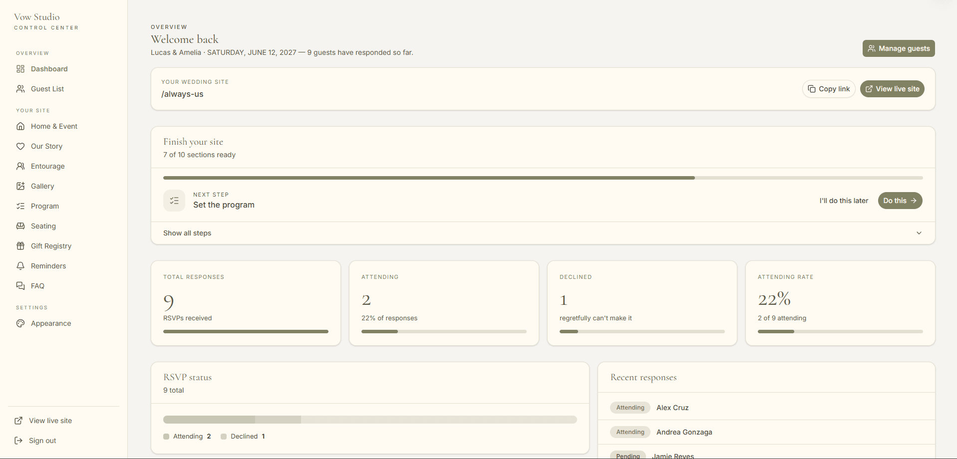 Dashboard overview with RSVP summary cards, a status bar, and the setup checklist