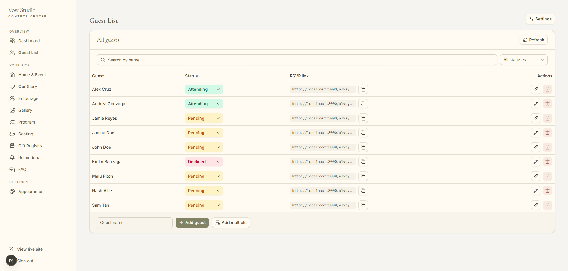 Guest list dashboard with per-guest RSVP status and one-click copyable personal links