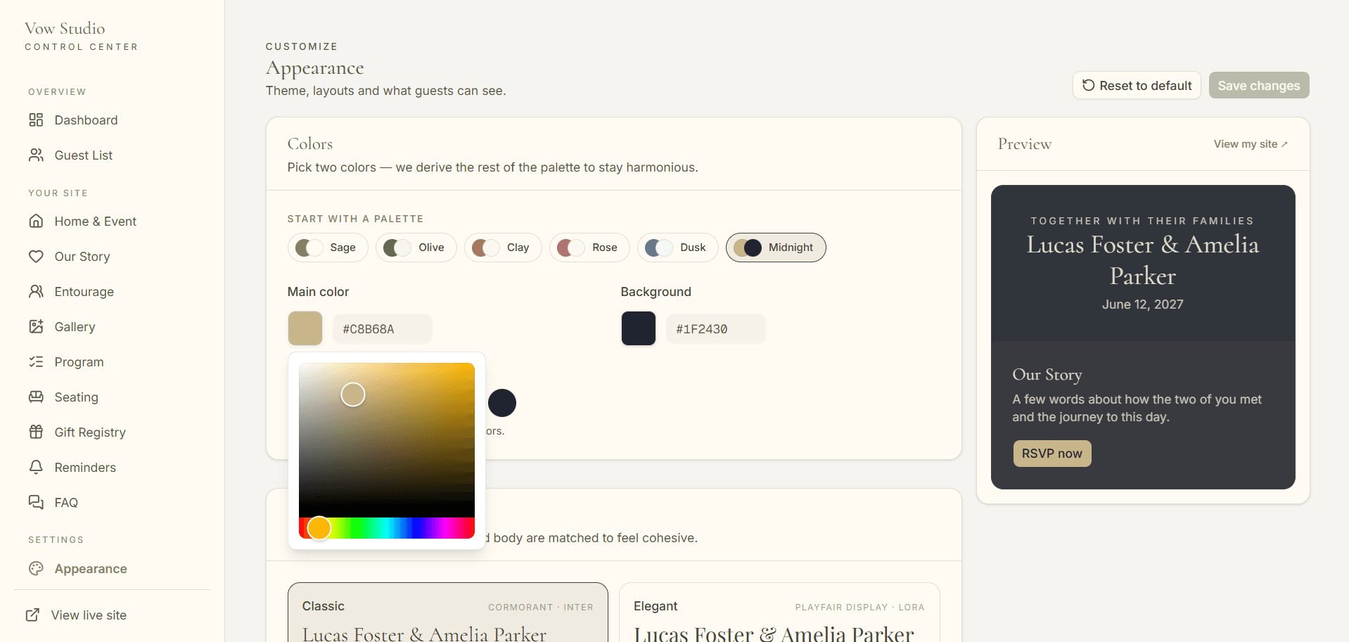 Appearance editor showing the two-color picker, the derived palette, and a live preview of the wedding site